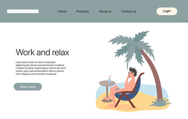 Work and relax landing page template. Man sits in sunbed on the beach and speaking on the phone.