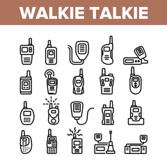 Walkie Talkie Device Collection Icons Set Vector. Walkie Talkie Wireless Communication Equipment In Different Style, Radio Digital Gadget Concept Linear Pictograms. Monochrome Contour Illustrations