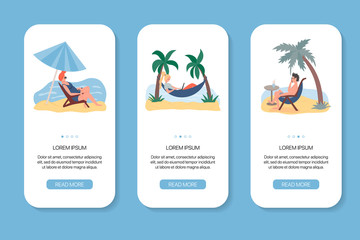 Young man and women working at the beach vector flat mobile app screens.