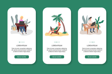 Young man and women working at home and at the beach vector flat mobile app screens.