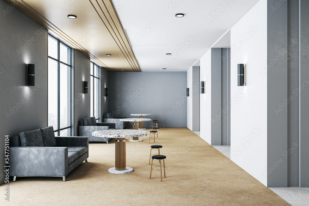 Poster modern waiting room with sofa and table.