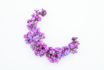 Floral spring background. Arrangement of lilac flowers on a white background. Flat lay, space for text. Valentine's day, mother's day, womens day concept.