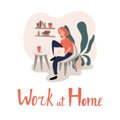 Work at home vector flat card template with hand drawn lettering.