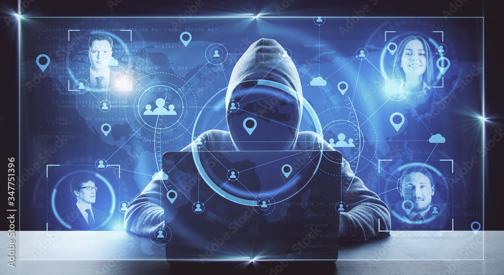 Aufkleber Hacker using laptop with abstract social media network