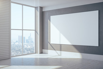 New gallery with city view and empty banner on concrete wall.