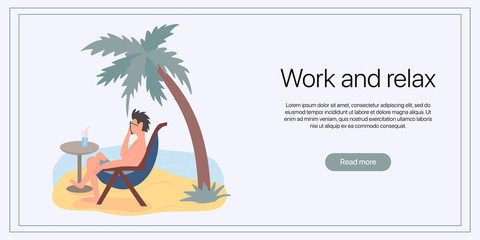 Work and relax poster template. Man in swimming suit sits in sunbed on the beach and speaking on the phone vector flat illustration