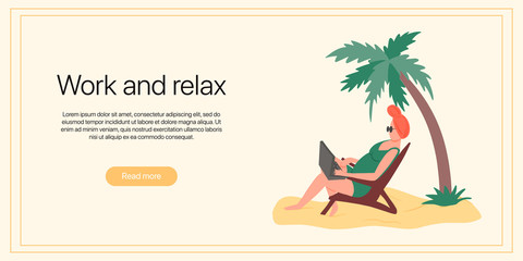 Work and relax banner template. Woman in swimming suit sits in sunbed on the beach and working on laptop vector flat illustration.