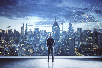 Hacker using creative glowing big data interface