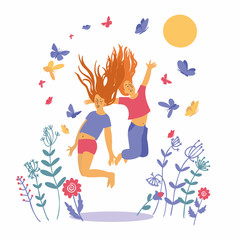 Two teenage girls jump on the grass among flowers. Butterflies flutter around the girls. Funny children play in the Park. Happy childhood. Girls jumping in the meadow. Sunny day. Vector flat style