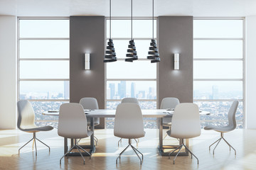 Modern meeting room with panoramic city view.