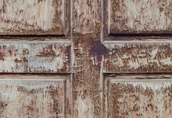 Wooden boards. Tree structure. Old peeling paint. Wooden fence, door.
