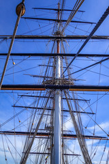 Old ship mast and sail ropes closeup