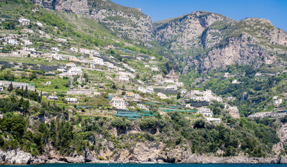 Beautiful view from the sea of the Amalfi Coastline and Vineyards, Amalfi, Italy.