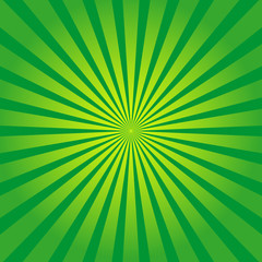 Green background with yellow rays. Sun burst and starburst. Retro texture with light sunburst. Abstract pattern with sunlight. Art with green and yellow stripes. Organic color. Comic poster. Vector