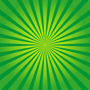 Green background with yellow rays. Sun burst and starburst. Retro texture with light sunburst. Abstract pattern with sunlight. Art with green and yellow stripes. Organic color. Comic poster. Vector
