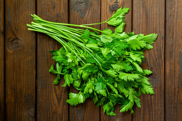Bunch of fresh parsley on a dark wooden background