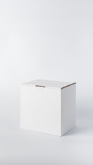 Closed white cardboard box on white background