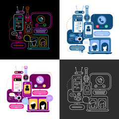 Fototapeta premium Four options of Online Chatting vector illustration. Computer monitors and smartphone screens with chat messages, video conference and video calling.