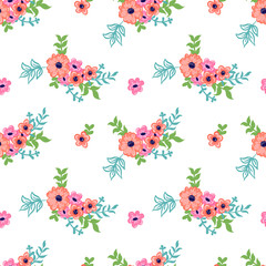 Simple floral print design, seamless vector pattern with hand drawn retro vector flower bouquets, summer background