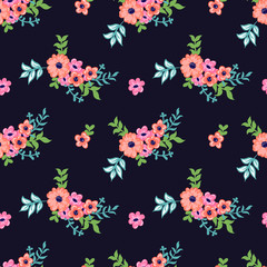Fototapeta na wymiar Simple floral print design, seamless vector pattern with hand drawn retro vector flower bouquets on a black background