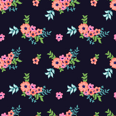 Simple floral print design, seamless vector pattern with hand drawn retro vector flower bouquets on a black background