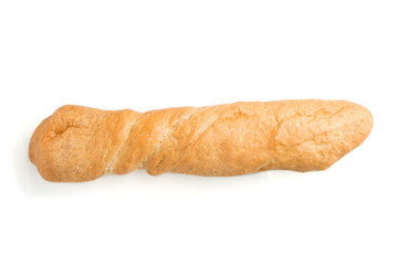 Fresh golden baguette with  sesame seeds isolated on white background. top view.
