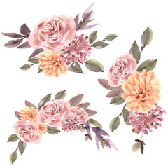 Dried floral bouquet design with rose, marigold, leaves watercolor illustration.