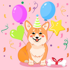 Cute sitting smiling corgi dog wishing Happy Birthday with party hat and balloons vector cartoon illustration. Kawai corgi puppy print