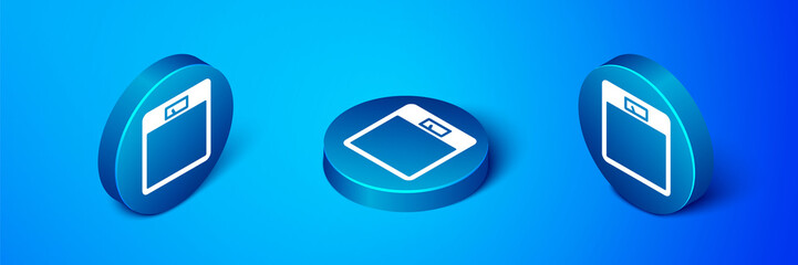 Isometric Bathroom scales icon isolated on blue background. Weight measure Equipment. Weight Scale fitness sport concept. Blue circle button. Vector Illustration