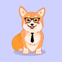 Cute smart sitting smiling corgi dog with glasses and tie vector cartoon illustration. Kawai corgi puppy print. Isolated on lilac background.
