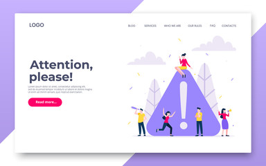Attention please web page template vector illustration with tiny people big attention sign. Digital marketing, advertising, business promotion, important announcement flat design composition.