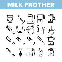 Milk Frother Device Collection Icons Set Vector. Milk Frother Kitchen Electronic Equipment, Utensil Kitchenware, Mixer Machine Concept Linear Pictograms. Monochrome Contour Illustrations