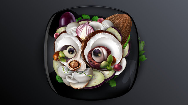 Cat head made of food collage including vegetables and fruits.