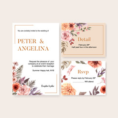 Dried floral wedding card design with marigold, anemone, rose watercolor illustration