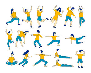 Set of girls doing sport or yoga vector cartoon illustration on white background.