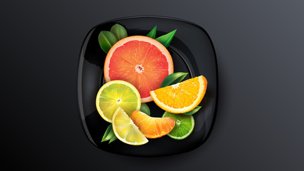 A set of orange, grapefruit, lime and mandarin on a dark plate.