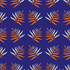 Fototapeta na wymiar Fern vector seamless pattern background. Forest plant frond neon indigo, orange, blue backdrop. Geometric botanical foliage illustration. Stylized all over print for nature health concept packaging
