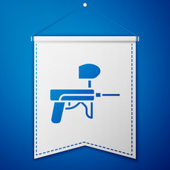 Blue Paintball gun icon isolated on blue background. White pennant template. Vector Illustration
