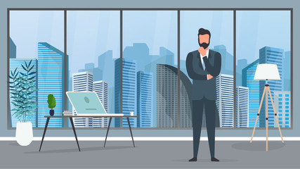 A businessman in a business suit is sitting at his office. Businessman posing thoughtfully. Vector.