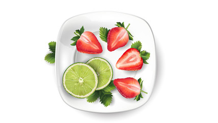 Still life of fruit: lime and strawberries on a white plate.