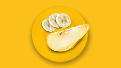 Sliced banana and pear on a yellow plate.