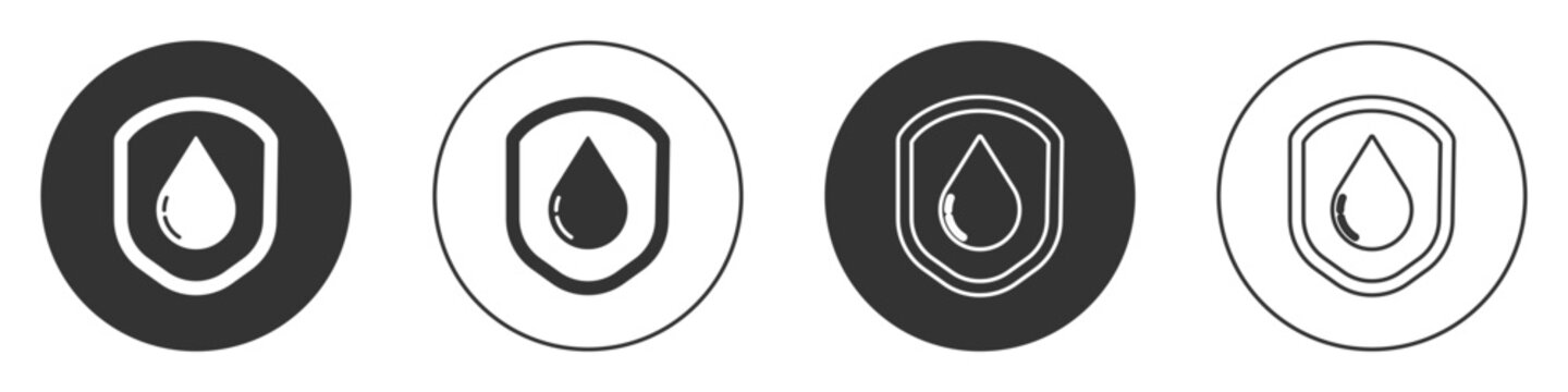 Black Waterproof icon isolated on white background. Water resistant or liquid protection concept. Circle button. Vector Illustration