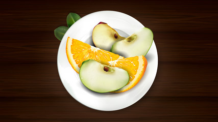 Sliced orange and apple on a white plate.