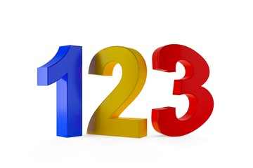 Colorful blue, yellow and red numbers one, two and three over white background, education or playing concept