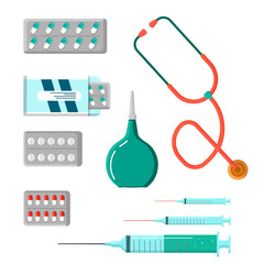 Medicine Icon Set. Tablets, capsules, prescriptions, vitamins etc. Stethoscope, rubber enema.
