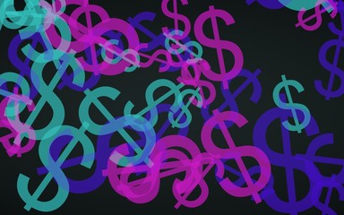 Multicolored translucent dollar signs on dark background. Red tones. 3D illustration