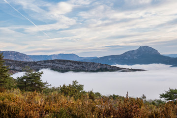 Fototapeta na wymiar Mist hanging over Verdon Gorge, Gorges du Verdon in French Alps, Provence,France