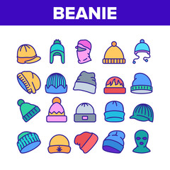 Fototapeta premium Beanie Seasonal Hat Collection Icons Set Vector. Beanie Cap And Head Facial Mask Season Clothing Accessory For Cold Weather Concept Linear Pictograms. Color Illustrations