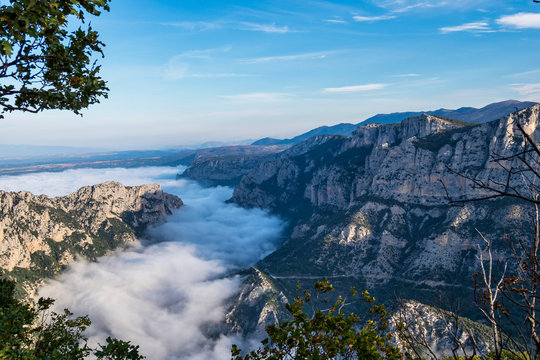 Mist hanging over Verdon Gorge, Gorges du Verdon in French Alps, Provence,France