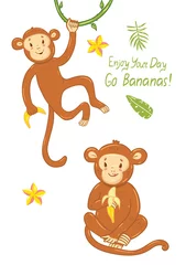 Tissu par mètre Singe Greeting card with monkeys with funny inscription. Vector graphics.